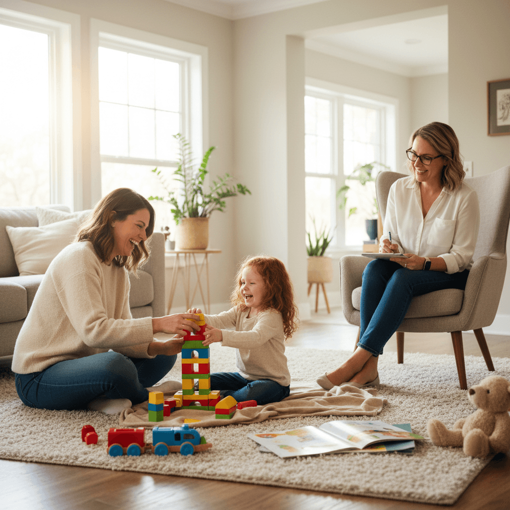 Parent and child playing together with therapist observing