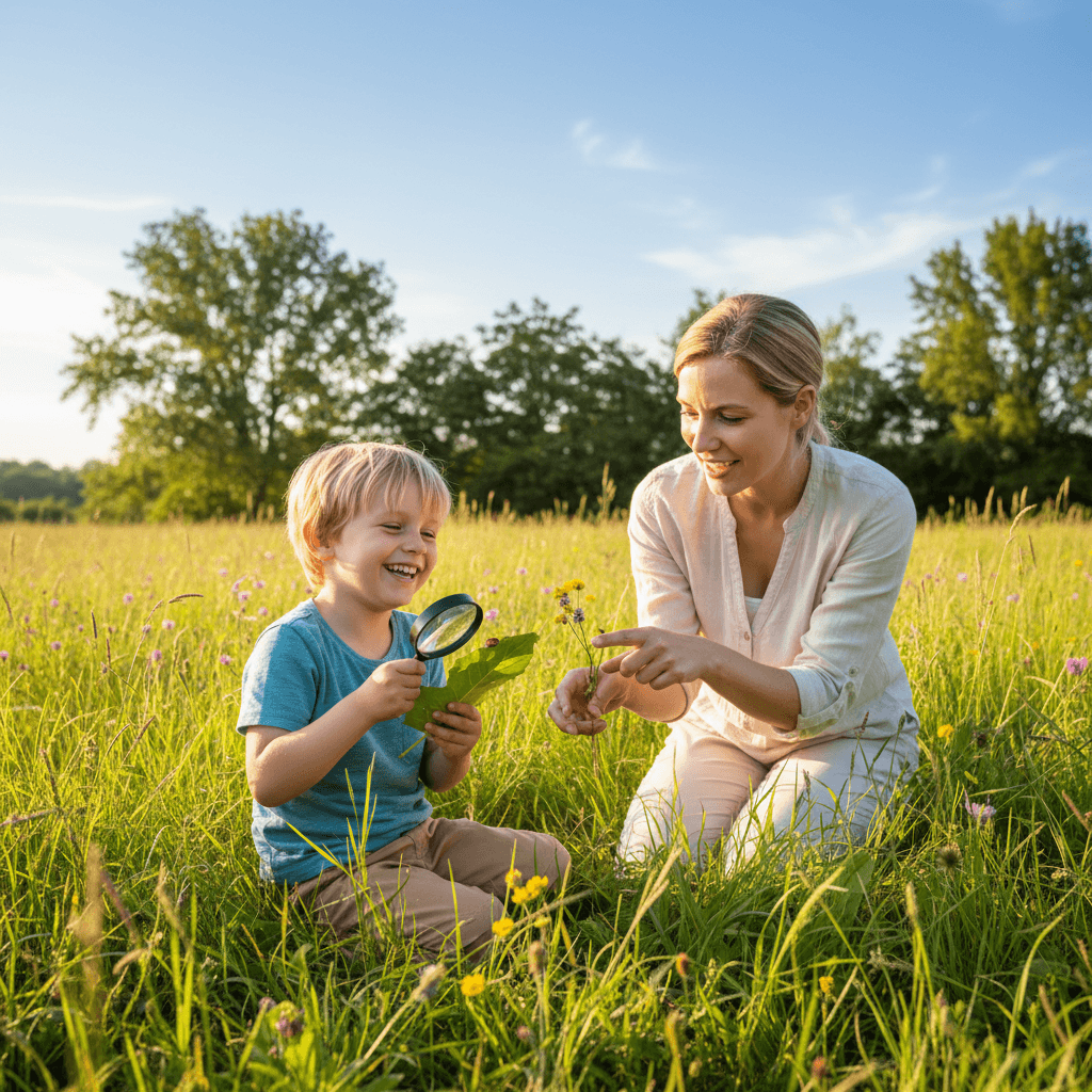 Child playing outdoors with a therapist in a sunny field