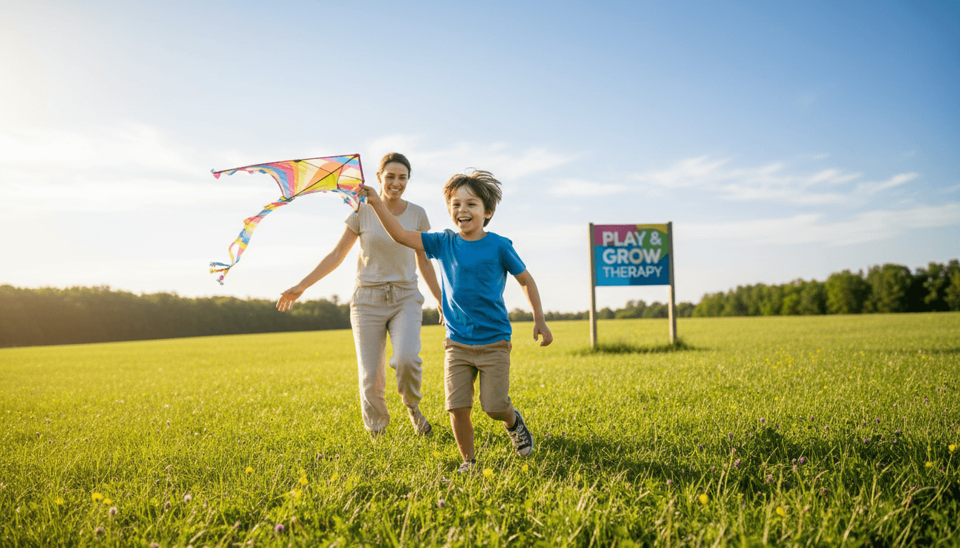 Child playing outdoors with a therapist in a sunny field