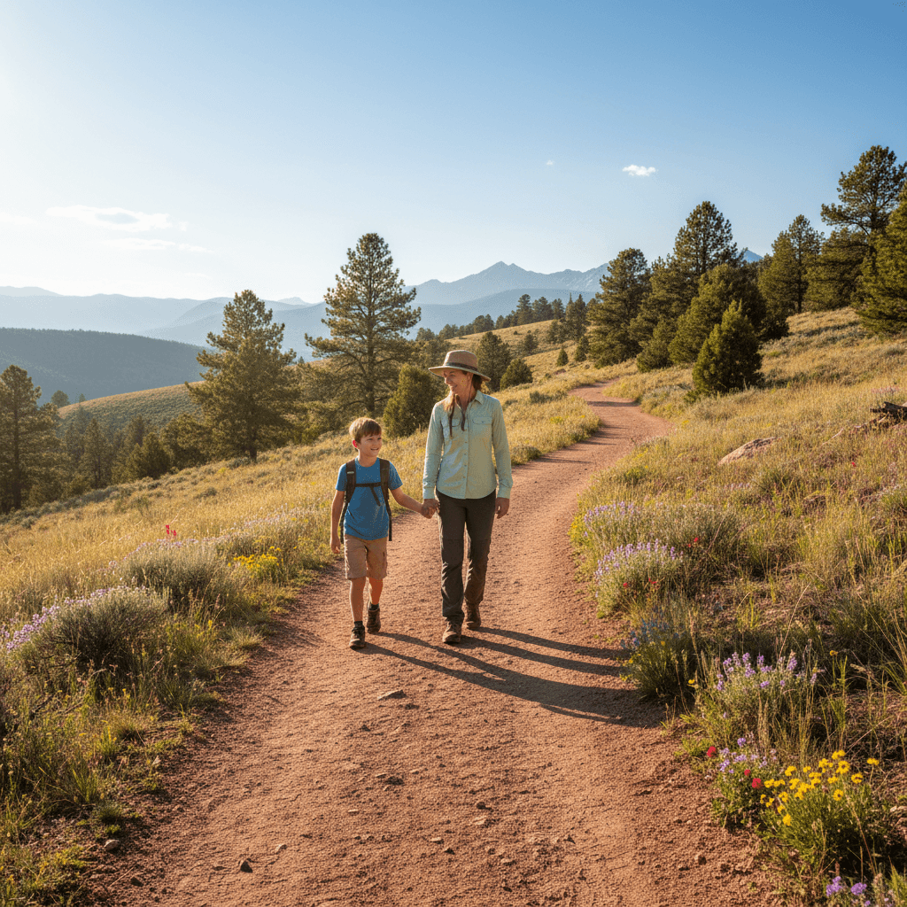 Child and therapist walking on a sunny nature trail