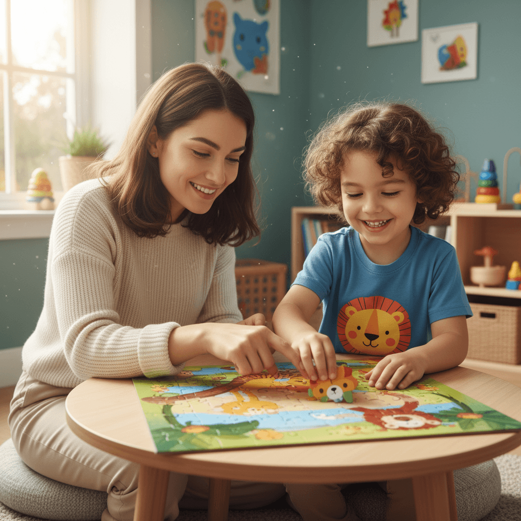 Child happily engaged in a puzzle with therapist beside them