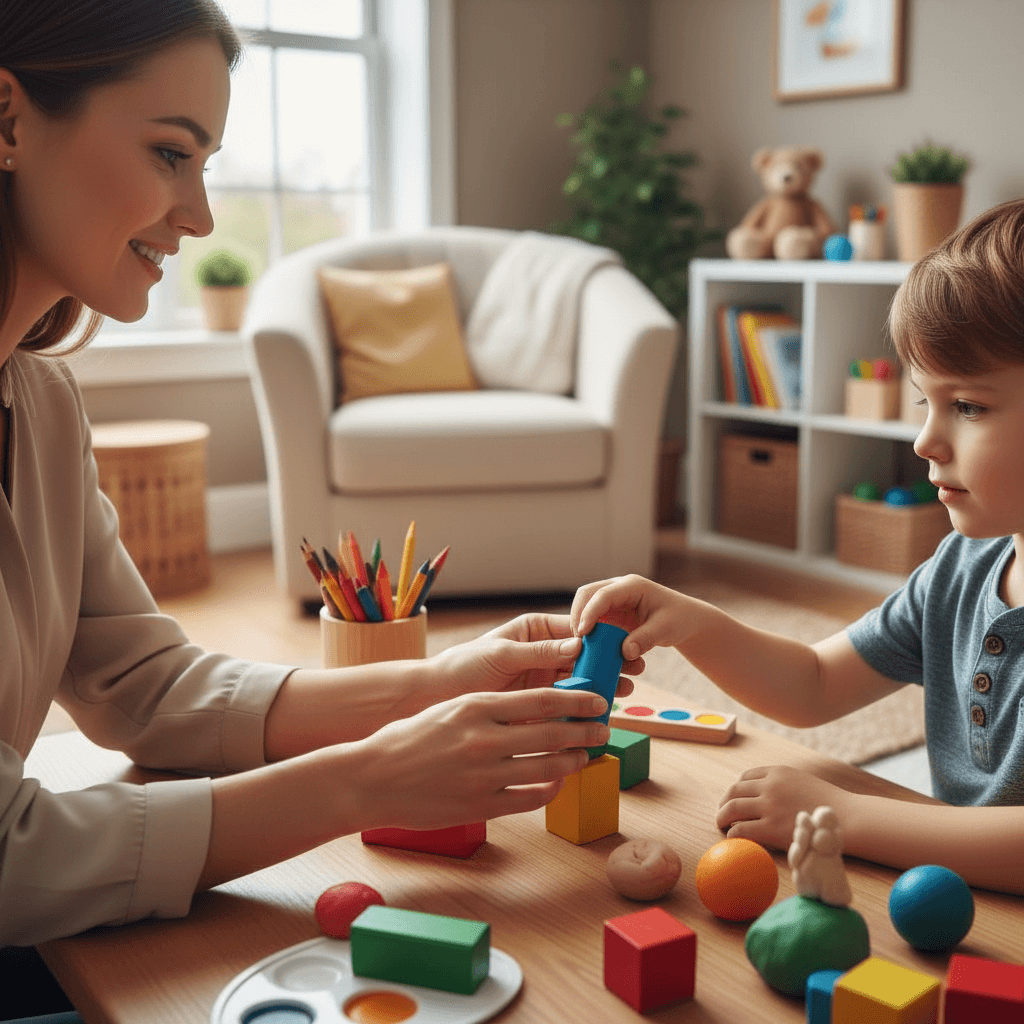 Therapist sitting with a young child, talking at eye level in a warm, bright room