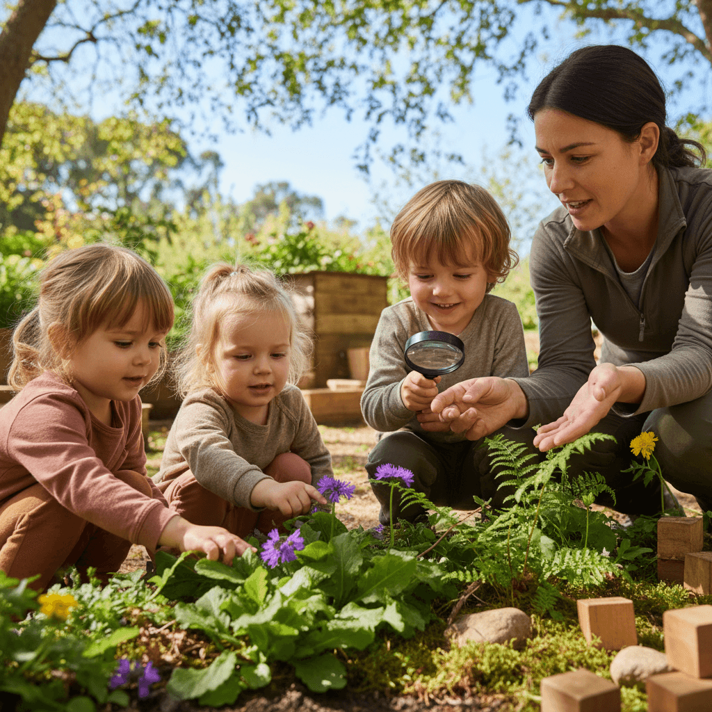 Child and therapist walking outside, pointing at something in nature