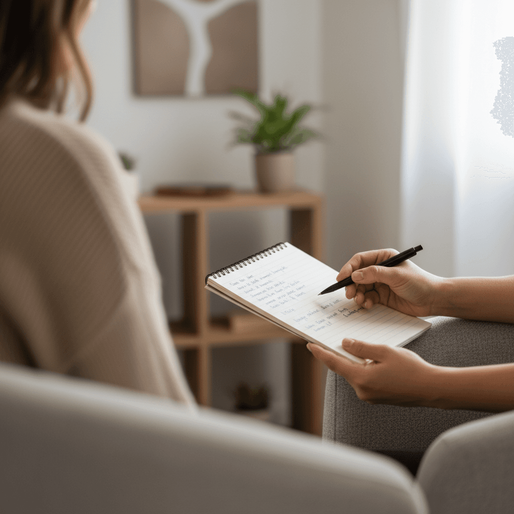 Mother, child, and therapist looking at a notebook together at a table